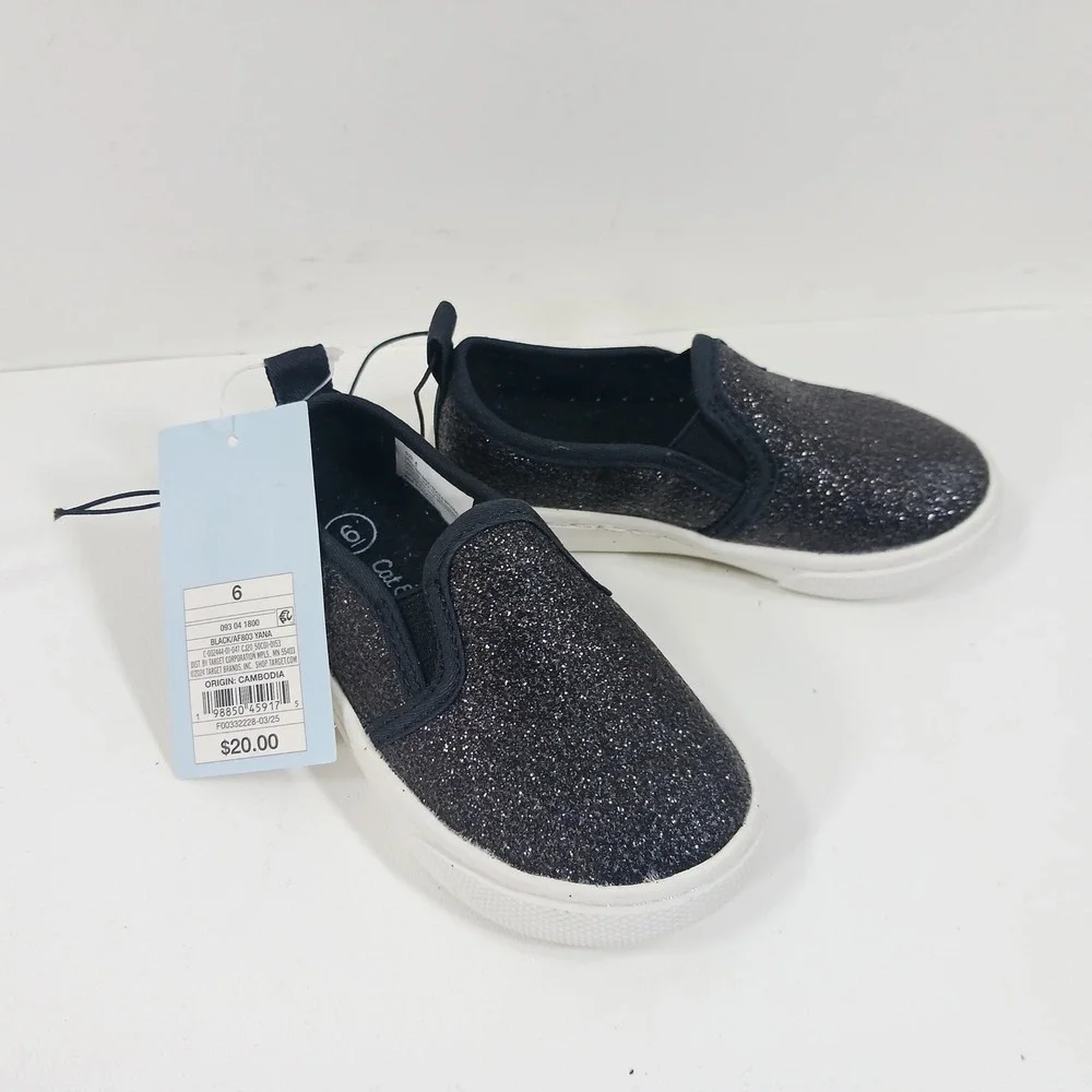 Cat & Jack Toddler Yana Glitter Slip On Sneakers Black Sparkle Size 6 NWT